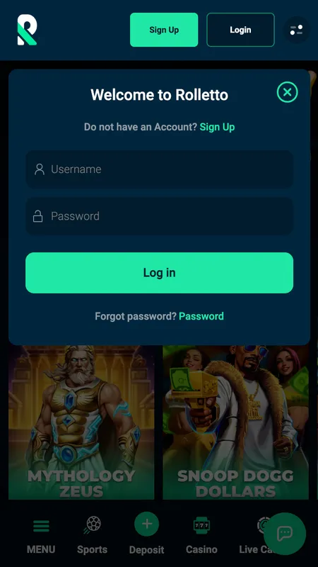 Rolletto Casino login screen