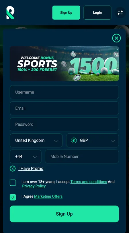 Rolletto Casino registration form first step