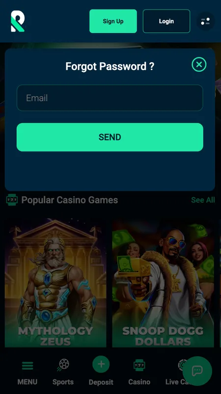 Rolletto password reset email input screen